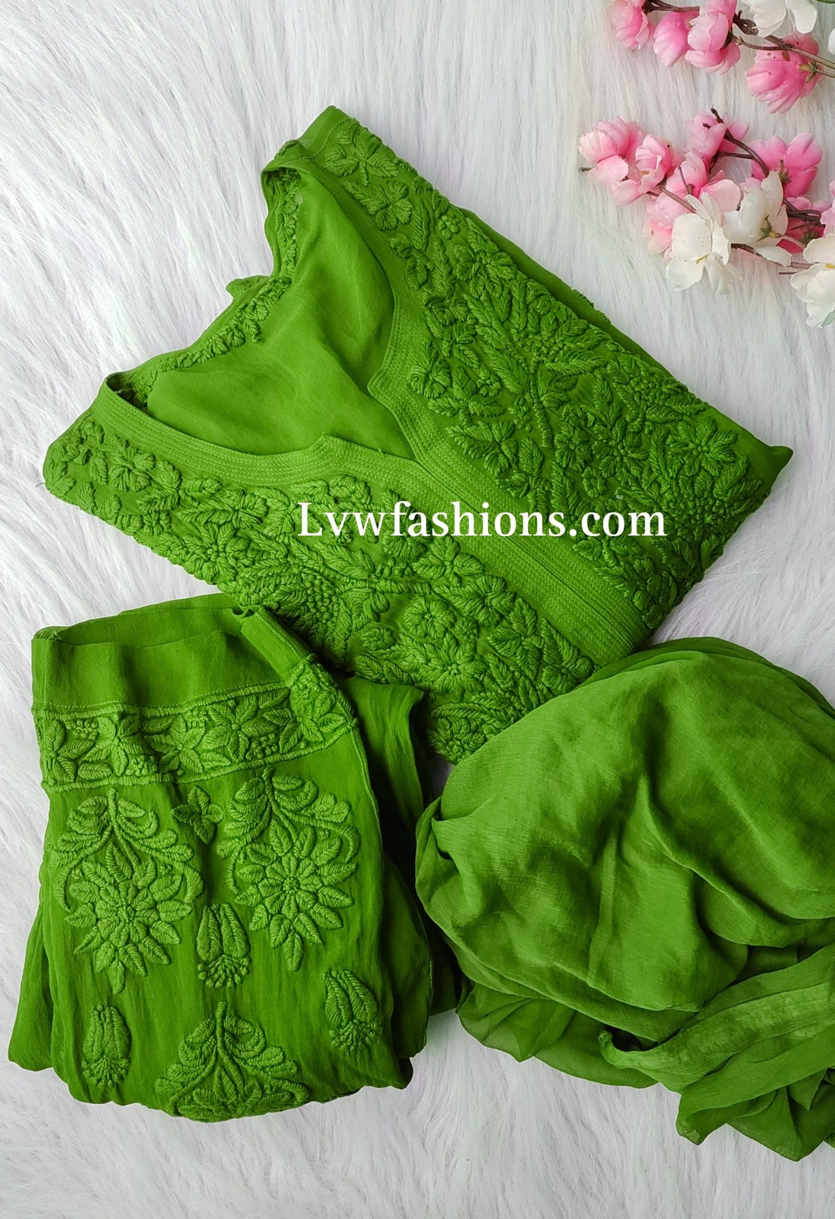 Luxurious LVW Fashion Noor Kurta Sets in premium Georgette, 3-piece set with pure Chikankari embroidery, Tyrian color.