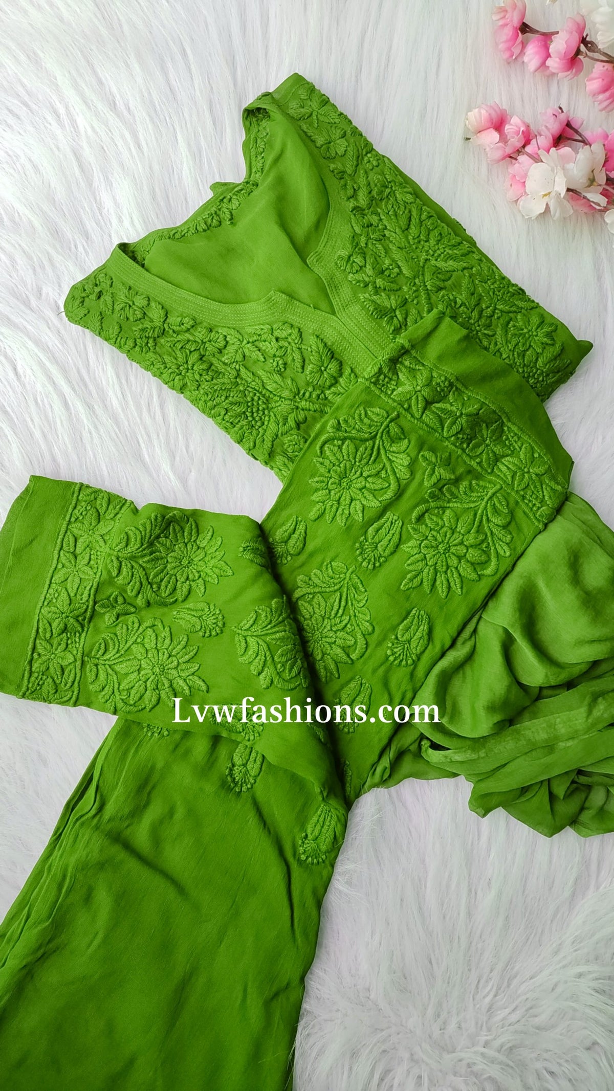 Luxurious LVW Fashion Noor Kurta Sets in premium Georgette with intricate pure Chikankari embroidery, 3-piece set in Tyrian color.