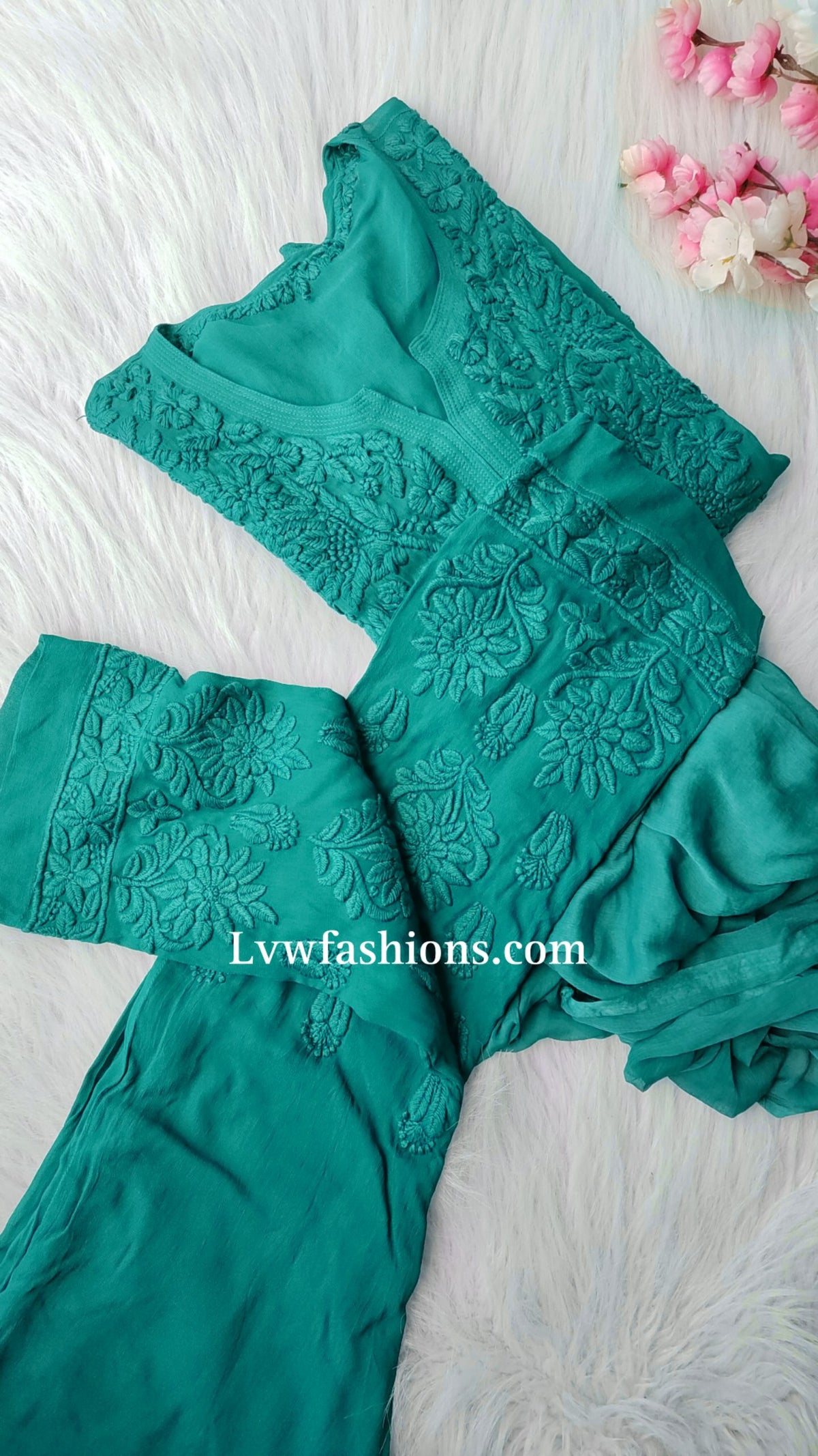 Luxurious LVW Fashion Noor Kurta Set in premium georgette with pure Chikankari, 3-piece traditional Indian attire in Tyrian color.