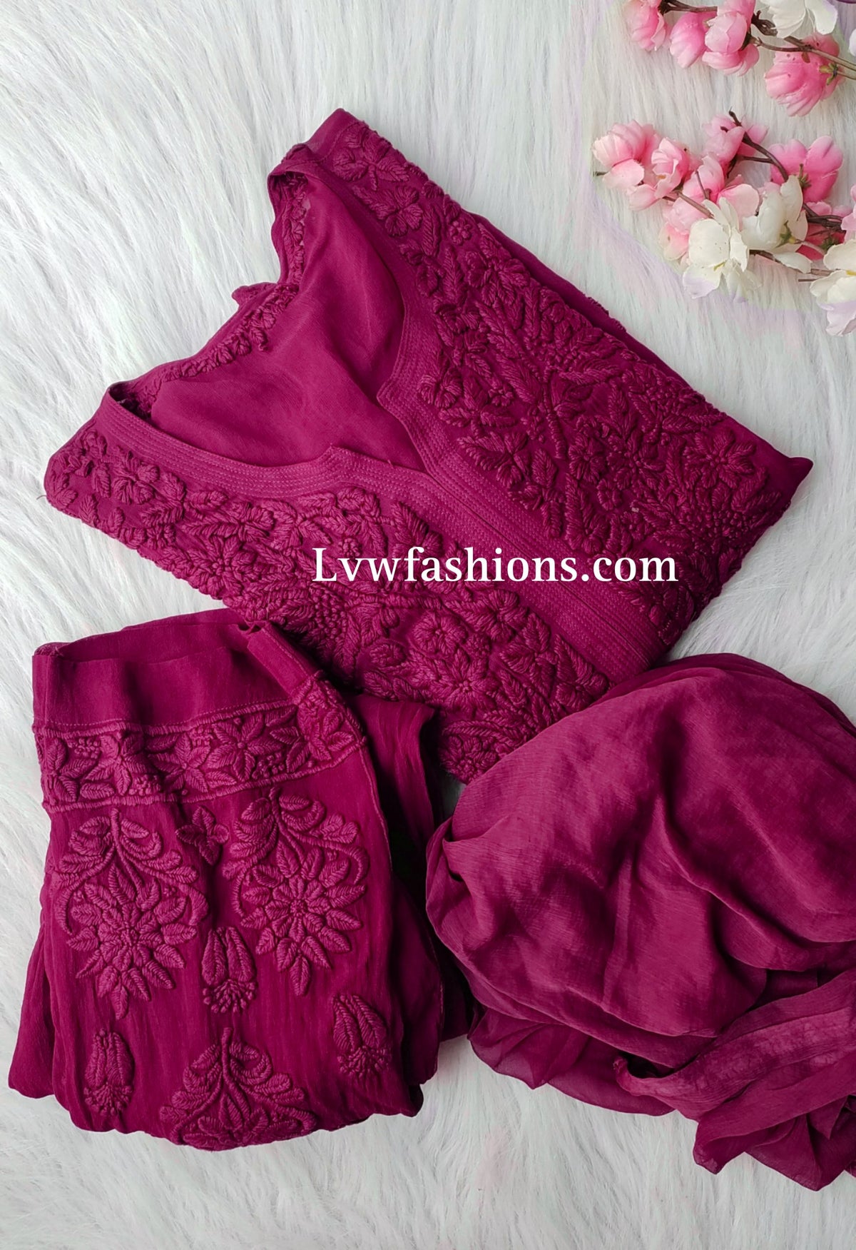 Luxurious LVW Fashion Noor Kurta Sets in premium georgette with pure Chikankari, 3-piece set in Tyrian color.