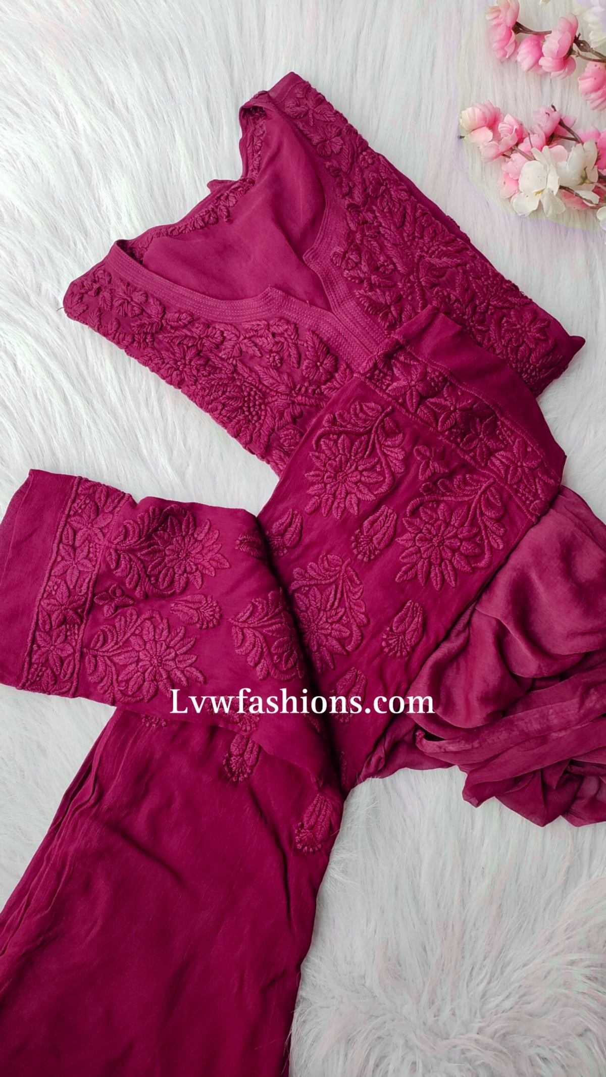 Luxurious LVW Fashion Noor Kurta Set in premium georgette with pure Chikankari, 3-piece traditional ensemble in Tyrian color.