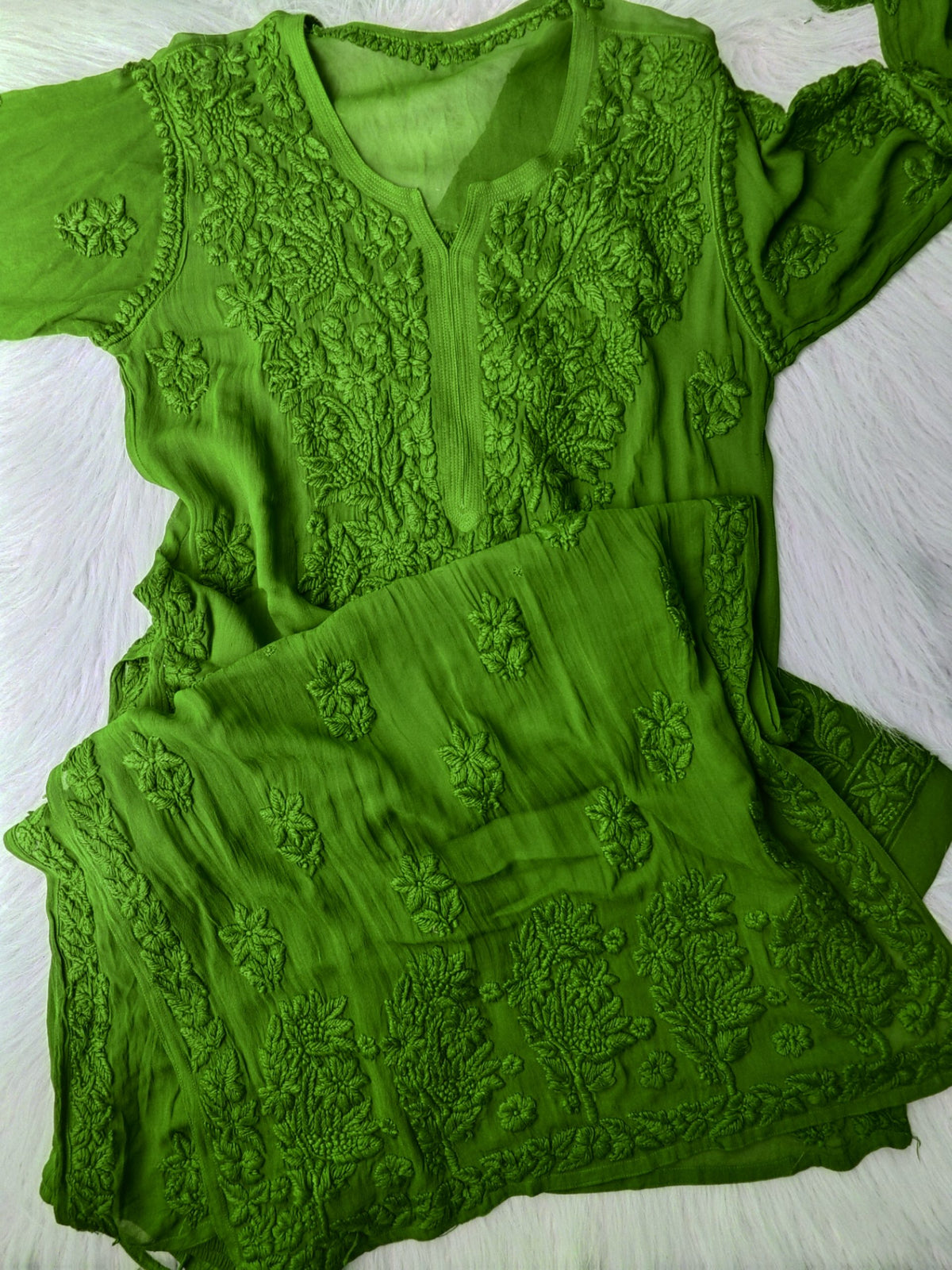 Luxurious LVW Fashion Noor Kurta Sets in premium georgette, 3-piece pure Chikankari embroidery, Tyrian color, elegant traditional style.