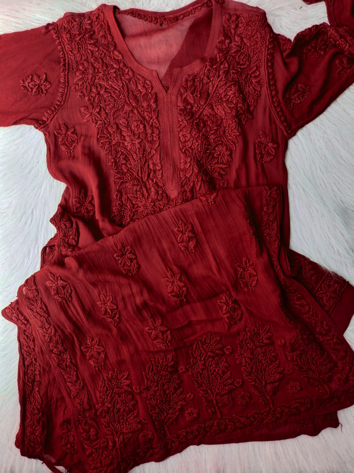 Luxurious LVW Fashion Noor Kurta Sets in pure georgette with intricate Chikankari embroidery, 3-piece set in Tyrian color.