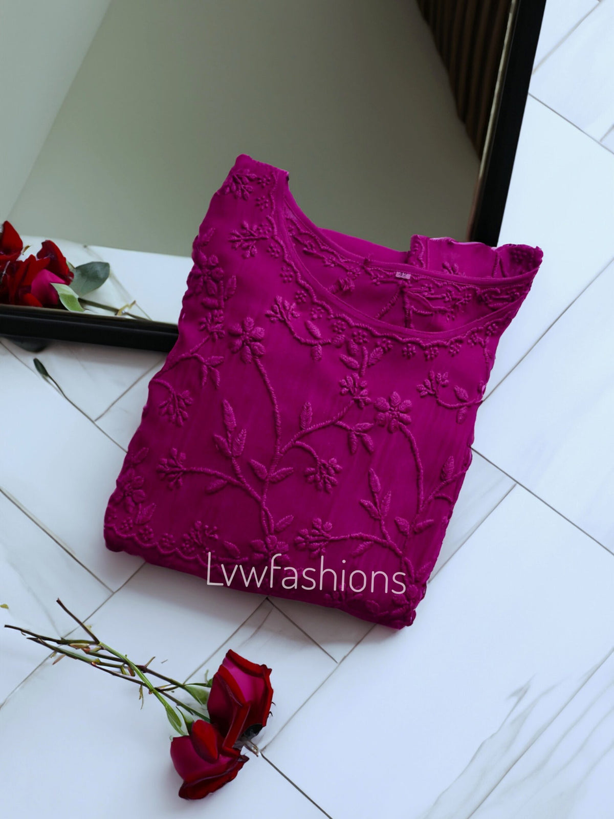 Tyrian purple georgette tunic top with frill and chikankari embroidery by LVW Fashion Luxurious Chikankari