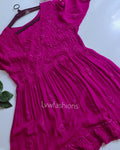 Tyrian purple Georgette tunic top with frill and Chikankari embroidery, by LVW Fashion Luxurious Chikankari.