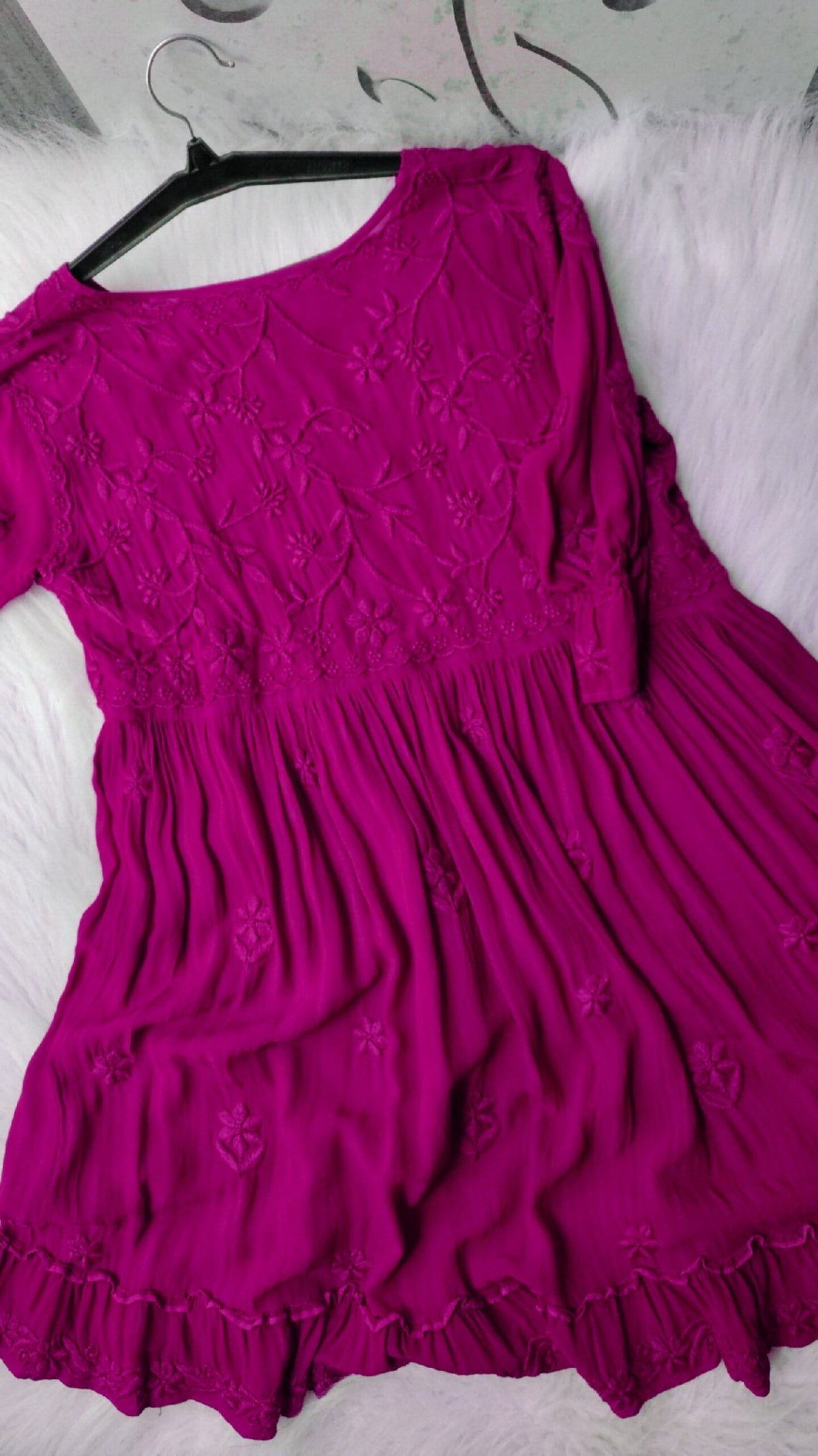 Tyrian purple georgette tunic top with frill and Chikankari embroidery by LVW Fashion Luxurious Chikankari.