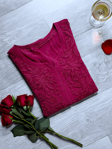 Tyrian Shade premium silk handmade Chikankari kurta by LVW Fashion with intricate embroidery and elegant design.