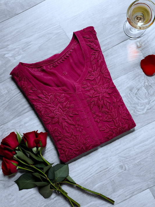 Tyrian Shade premium silk handmade Chikankari kurta by LVW Fashion with intricate embroidery and elegant design.