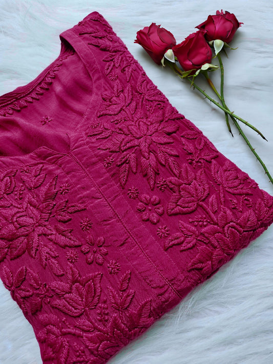 Tyrian Shade premium silk handmade Chikankari Kurta by LVW Fashion with intricate embroidery and elegant design.