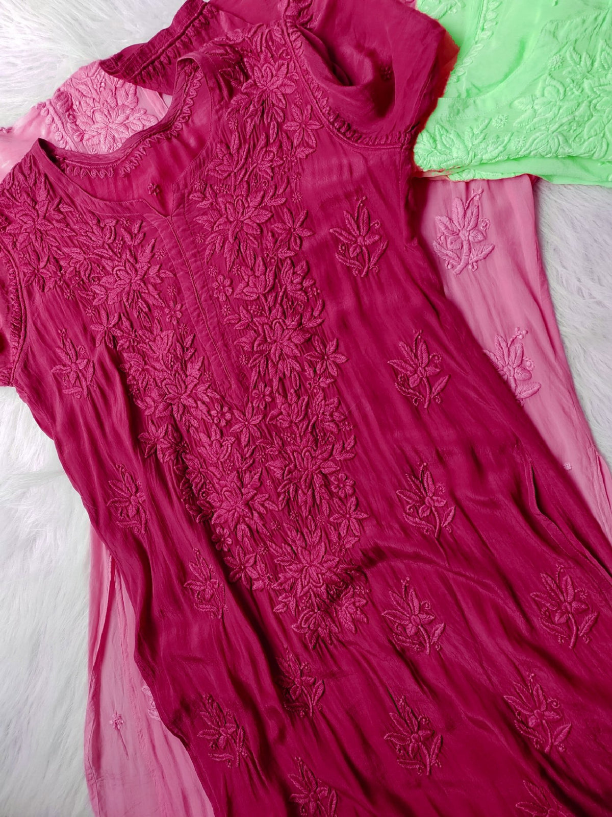 Tyrian Shade Premium Silk Handmade Chikankari Kurta by LVW Fashion, showcasing intricate embroidery on pure silk fabric.