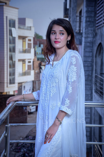 Elegant white georgette Chikankari Kurti set by LVW Fashion, showcasing intricate embroidery and a graceful design.
