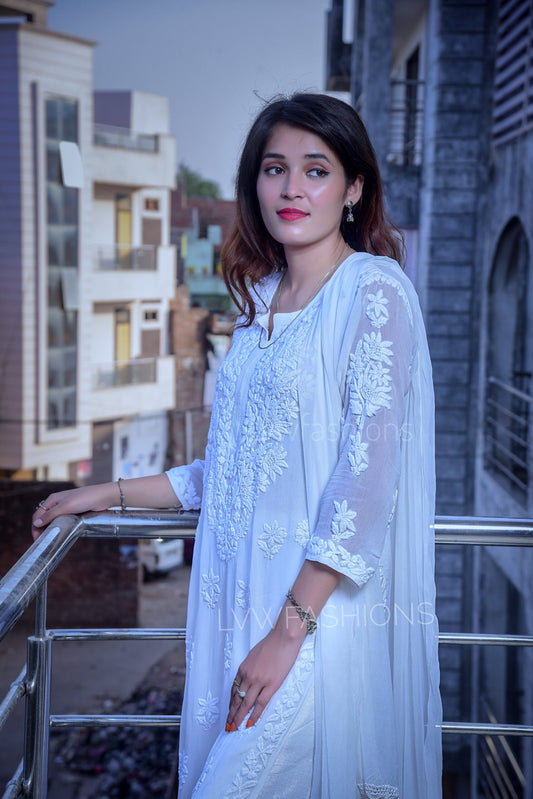 Elegant white georgette Chikankari Kurti set by LVW Fashion, showcasing intricate embroidery and a graceful design.