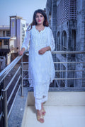 Elegant white georgette Kurti set with intricate chikankari embroidery from LVW Fashion, showcasing detailed craftsmanship.