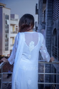 Elegant white georgette Chikankari Kurti set by LVW Fashion, featuring intricate embroidery and a stylish traditional design.