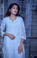 White Georgette Chikankari Kurti set by LVW Fashion, elegant premium UJALA design with intricate embroidery and matching bottoms.