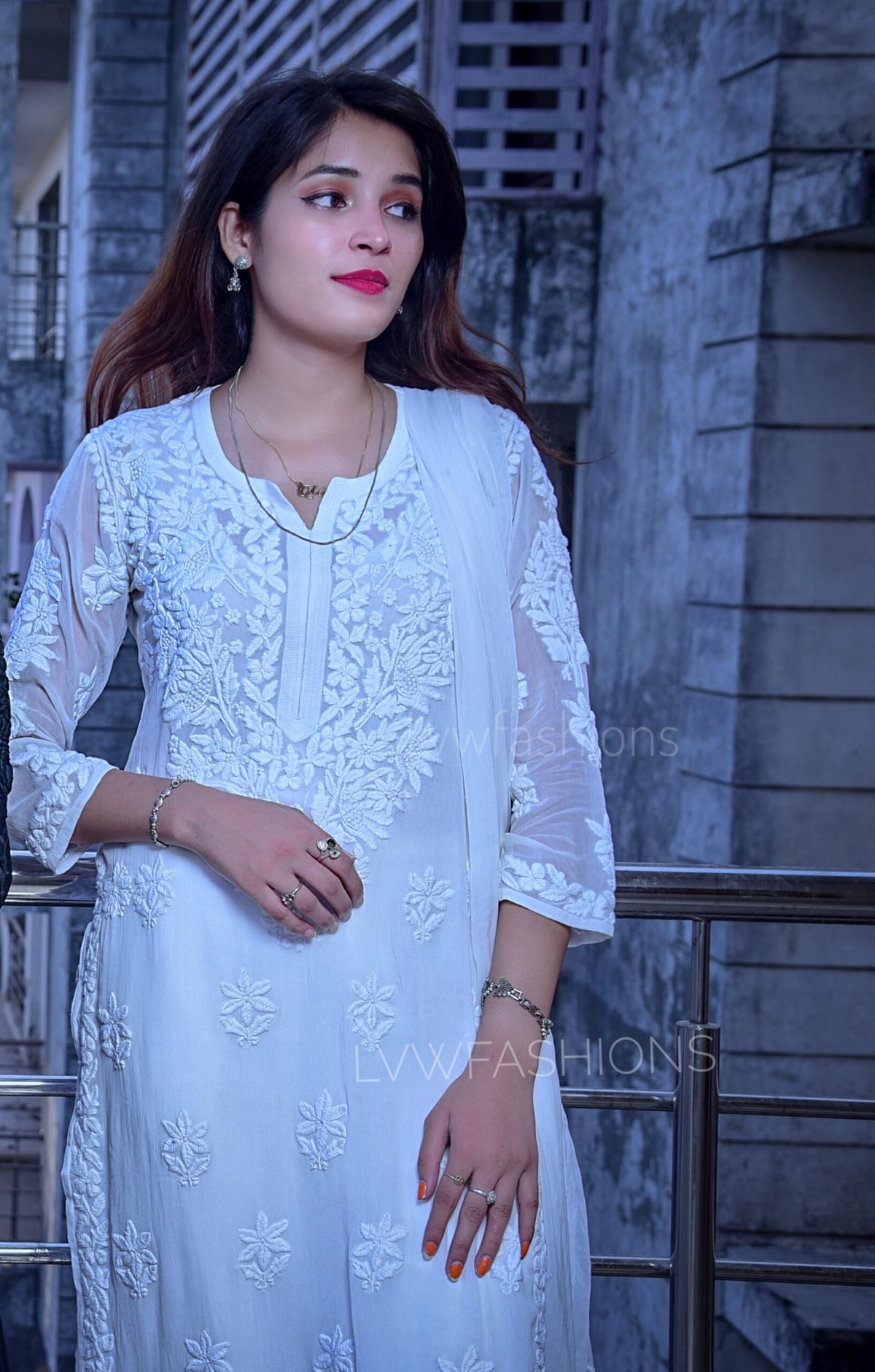 White Georgette Chikankari Kurti set by LVW Fashion, elegant premium UJALA design with intricate embroidery and matching bottoms.