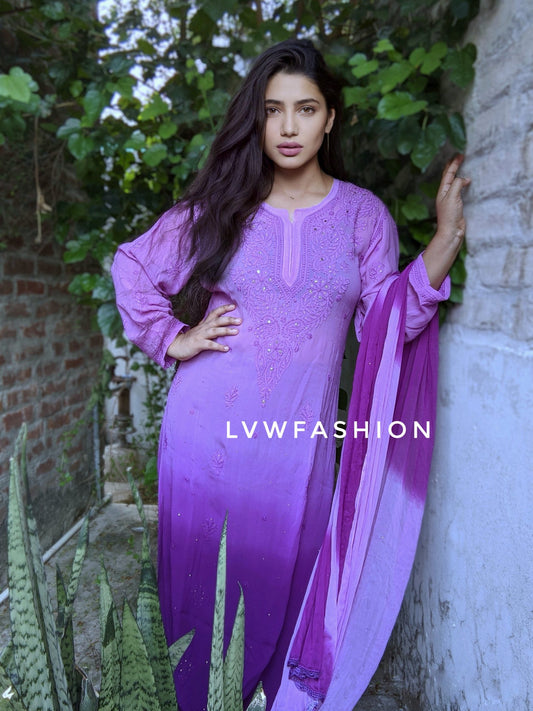 Unsha premium georgette 3-piece set with beautiful ombre dye from LVW Fashion, featuring intricate chikankari embroidery.