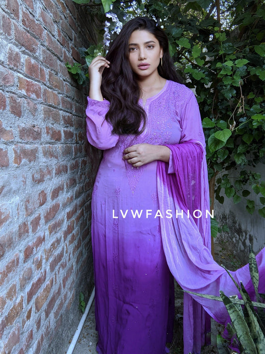 Unsha Premium Georgette 3-piece set with beautiful ombre dye, featuring intricate Chikankari embroidery by LVW Fashion.