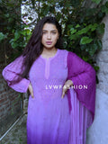 Unsha premium georgette 3-piece set with beautiful ombre dye by LVW Fashion, featuring intricate chikankari embroidery.