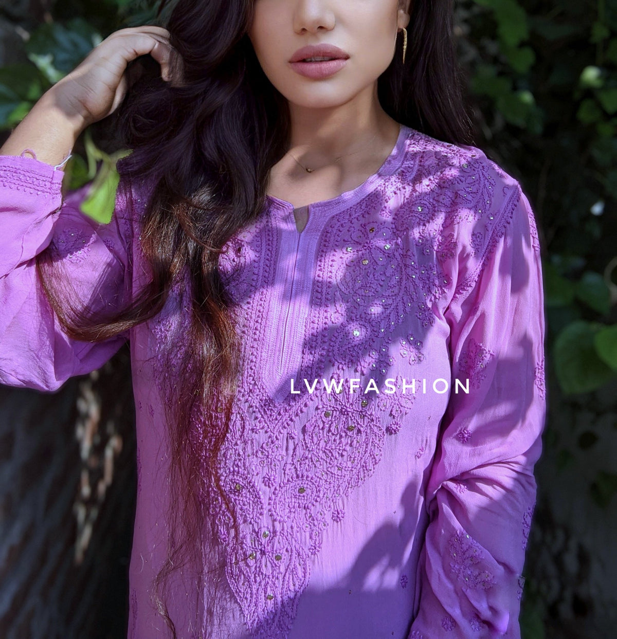 Unsha premium georgette 3-piece set with beautiful ombre dye by LVW Fashion, showcasing intricate chikankari embroidery.