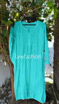 Viridian green crepe silk long kurta with slip from LVW Fashion Luxurious Chikankari, showcasing intricate embroidery and elegant design.