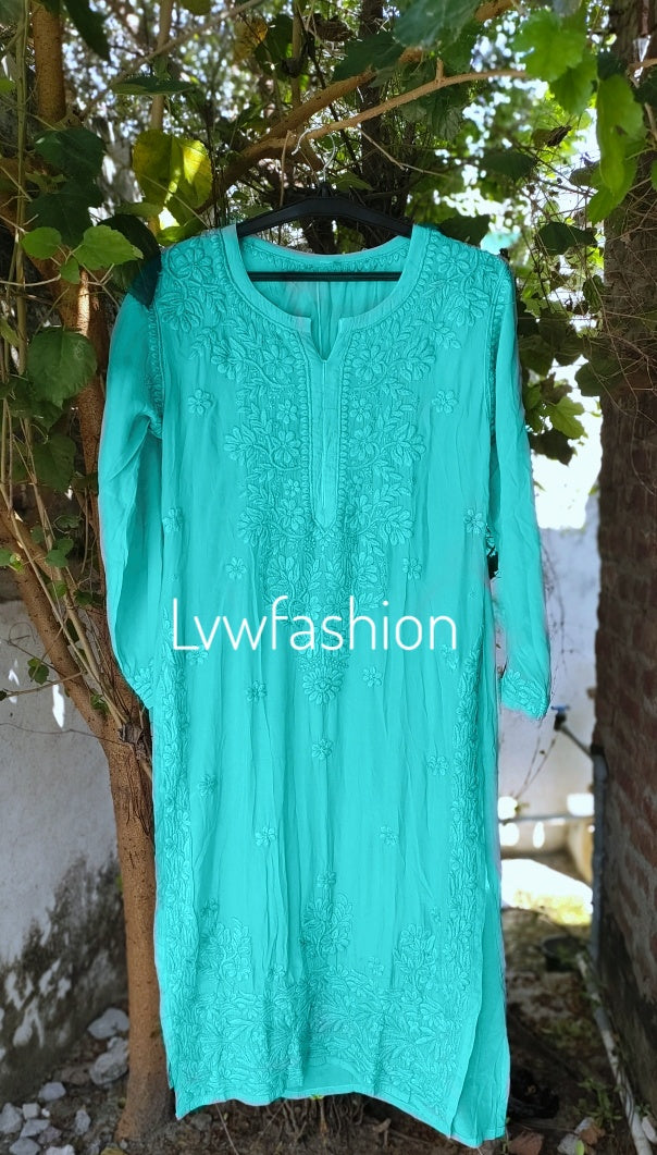 Viridian green crepe silk long kurta with slip from LVW Fashion Luxurious Chikankari, showcasing intricate embroidery and elegant design.