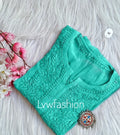 Viridian green crepe silk long kurta with slip featuring intricate Chikankari embroidery, from LVW Fashion Luxurious.