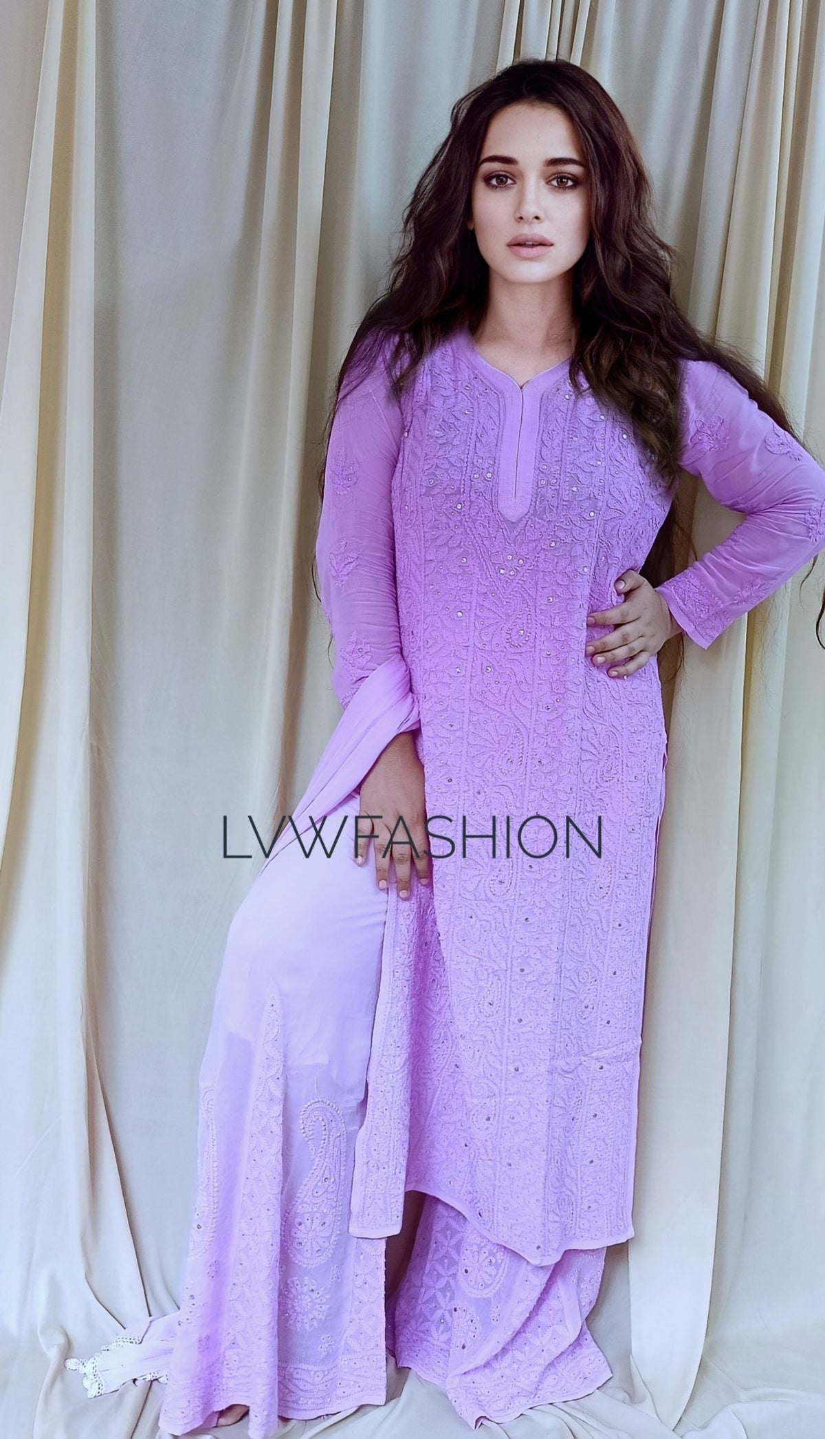 White Beautiful Shades Premium Georgette 3-piece set by LVW Fashion with intricate Chikankari embroidery.