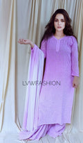 Beautiful Shades Premium Georgette 3-piece set by LVW Fashion with intricate Chikankari embroidery in white.