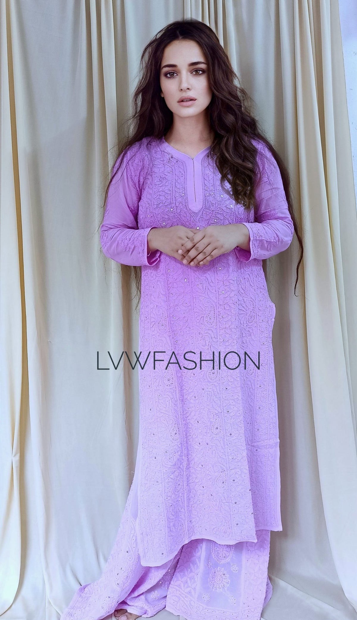 Luxurious white Georgette 3-piece set by LVW Fashion with elegant Chikankari embroidery, perfect for traditional wear.