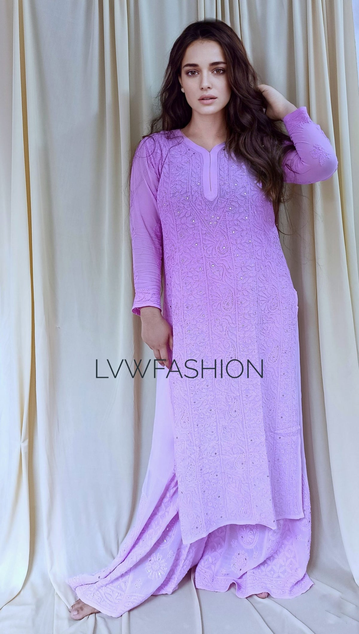 Beautiful white Georgette 3-piece set by LVW Fashion Luxurious Chikankari featuring intricate embroidery and elegant design.