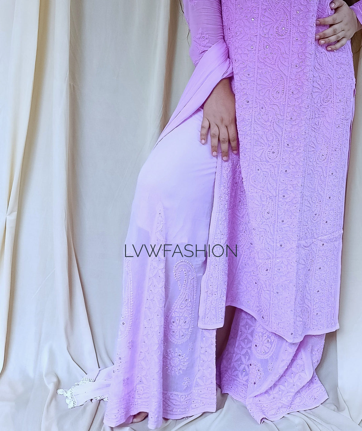 Beautiful Shades Premium Georgette 3-piece set by LVW Fashion, featuring elegant white fabric and intricate Chikankari embroidery.