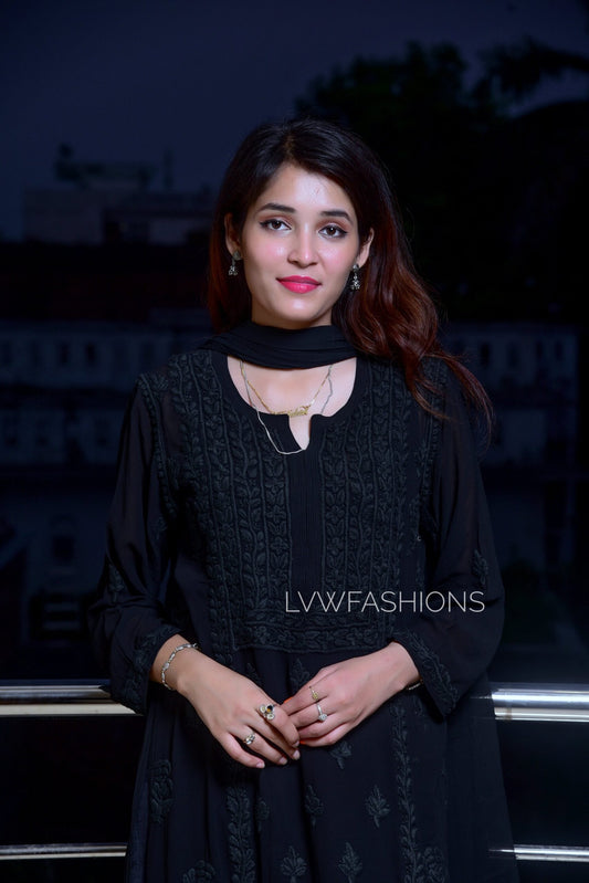 White and black premium georgette Chikankari kurta set by LVW Fashion, featuring intricate embroidery and traditional design.