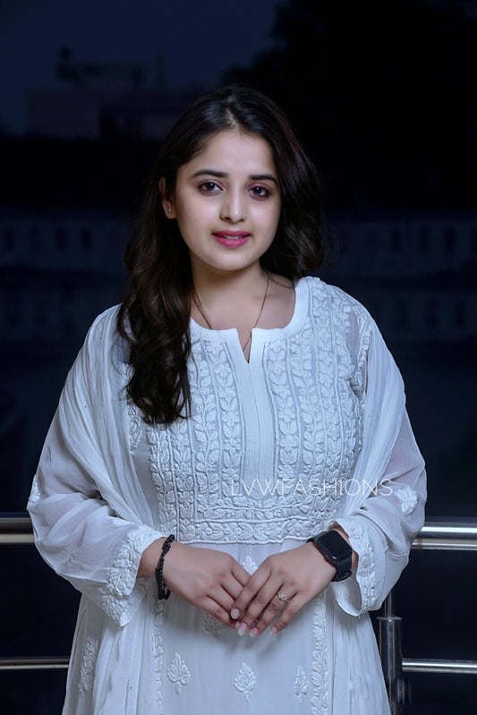 White and black U&K premium georgette Chikankari kurta set by LVW Fashion, featuring intricate embroidery and elegant traditional design.