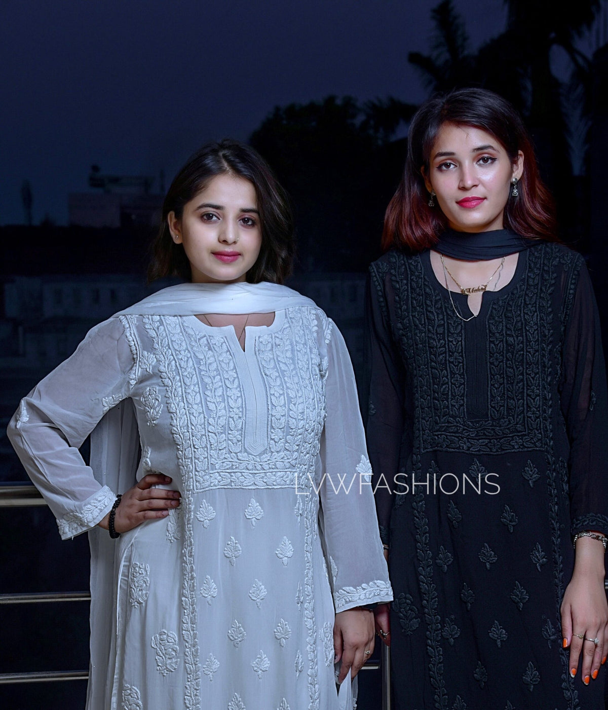 White and black premium georgette Chikankari kurta set by LVW Fashion, featuring intricate embroidery and a traditional design.