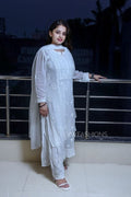 White and black premium georgette Chikankari Kurta set by LVW Fashion, featuring intricate embroidery and traditional design.
