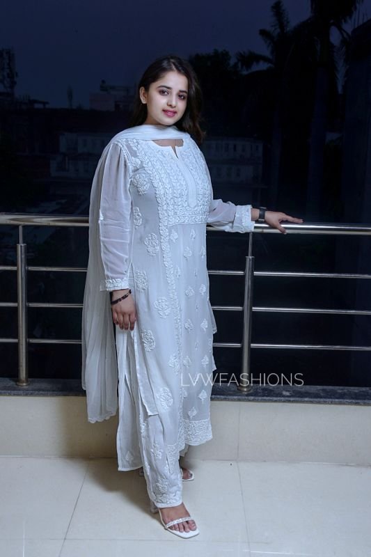 White and black premium georgette Chikankari Kurta set by LVW Fashion, featuring intricate embroidery and traditional design.