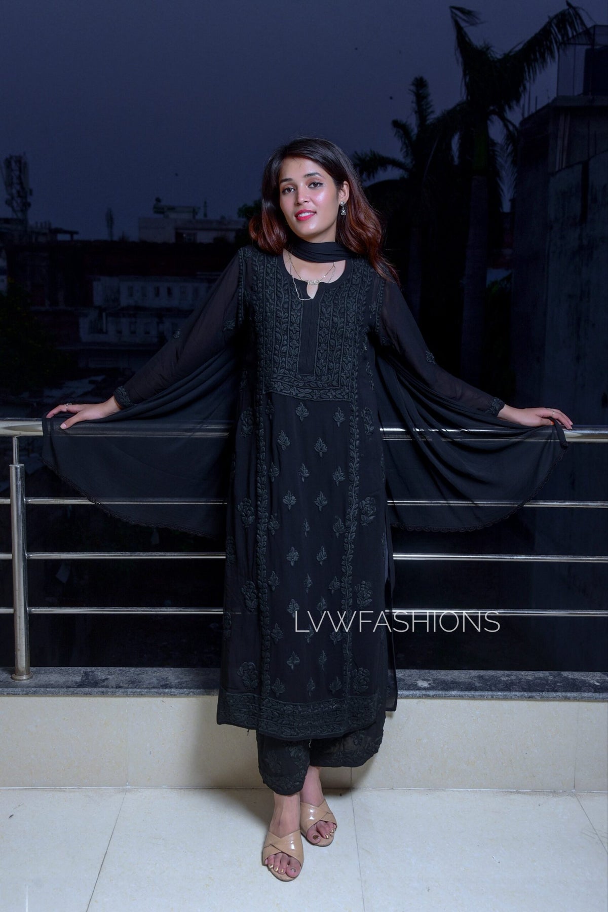 LVW Fashion luxurious white and black premium Georgette Chikankari kurta set with intricate embroidery, perfect for elegant traditional wear.