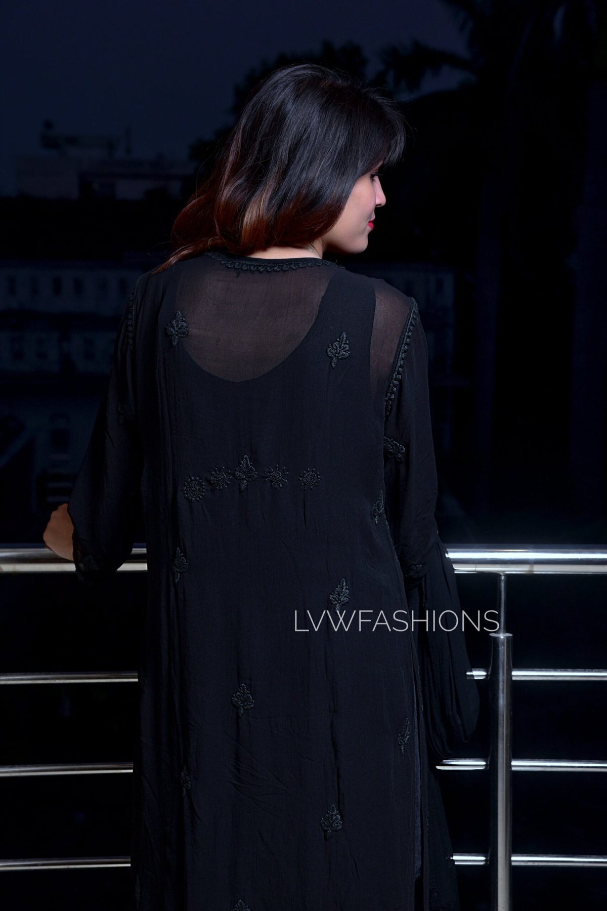 White and black premium georgette Chikankari Kurta set by LVW Fashion, with intricate embroidery and a traditional design.