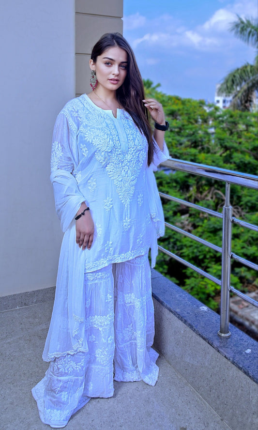LVW Fashion luxurious Chikankari U&K premium muslin silk Gharara set in white, featuring intricate embroidery and traditional style.