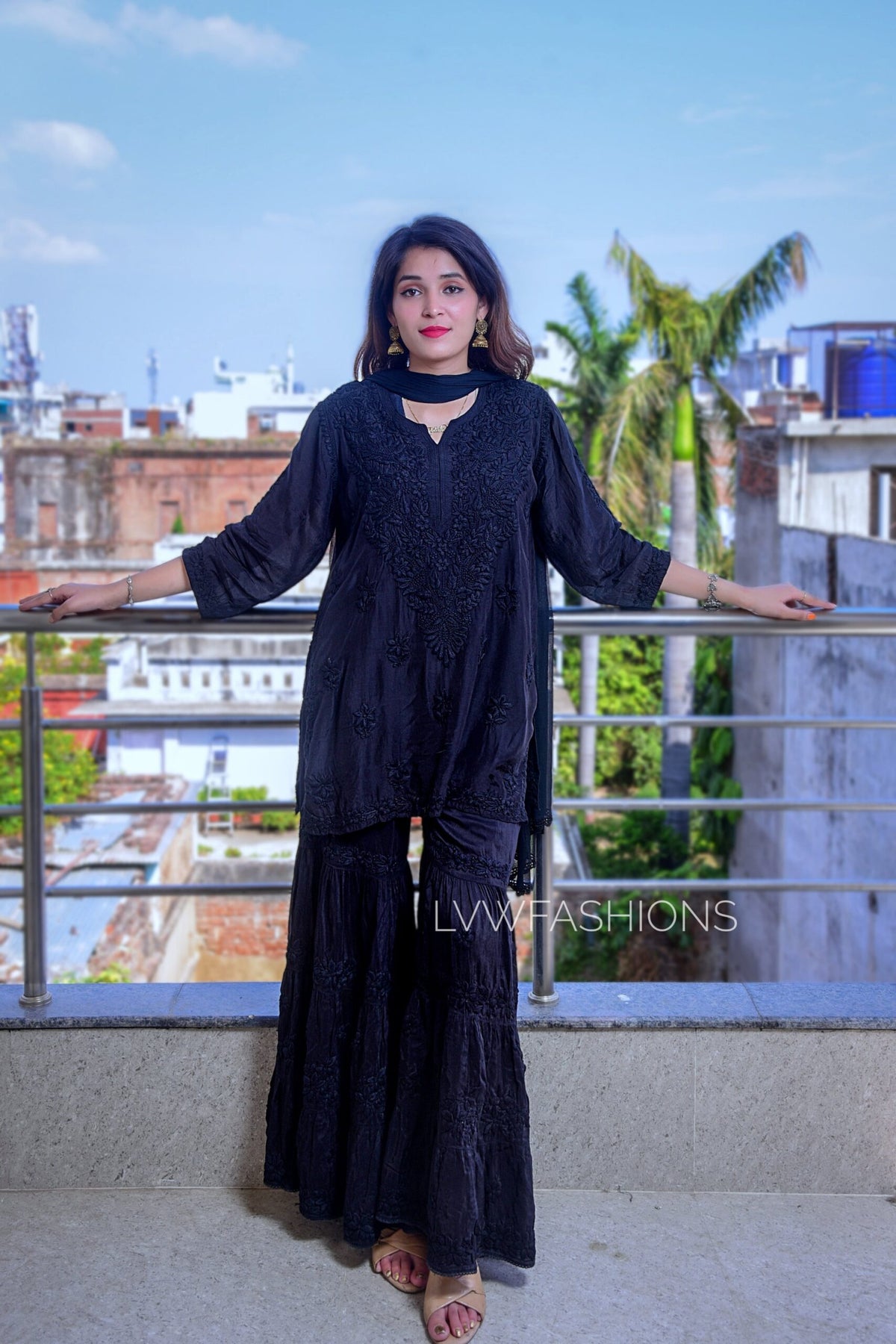 White U&K Premium Muslin silk Gharara Chikankari Set by LVW Fashion, featuring intricate embroidery and traditional design