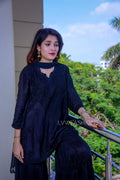 White U&K Premium Muslin Silk Gharara Chikankari Set by LVW Fashion, featuring intricate hand-stitched chikankari embroidery.