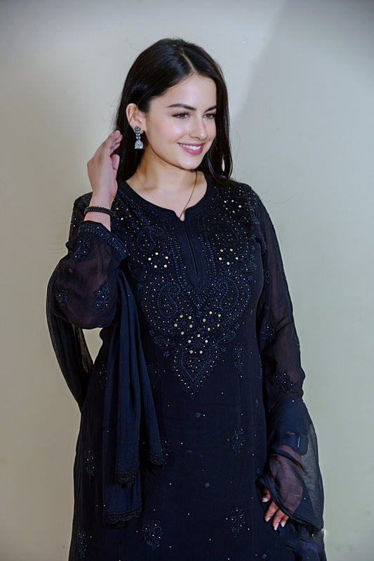 Elegant U&K Sober premium Georgette black and white Chikankari Gharara set by LVW Fashion, featuring intricate embroidery and traditional style.