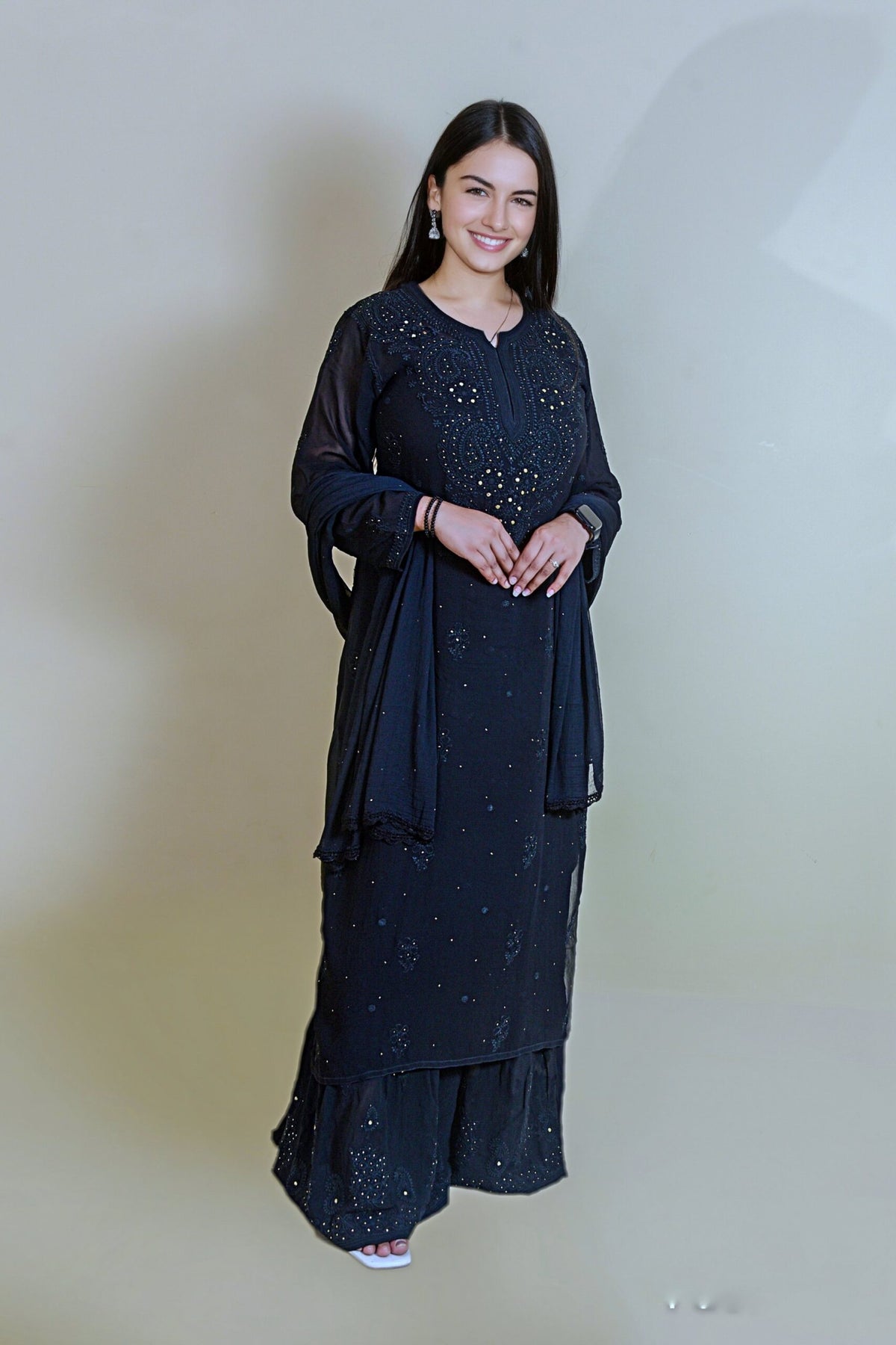U&K Sober premium georgette black and white Chikankari Gharara set, featuring intricate embroidery and traditional design.