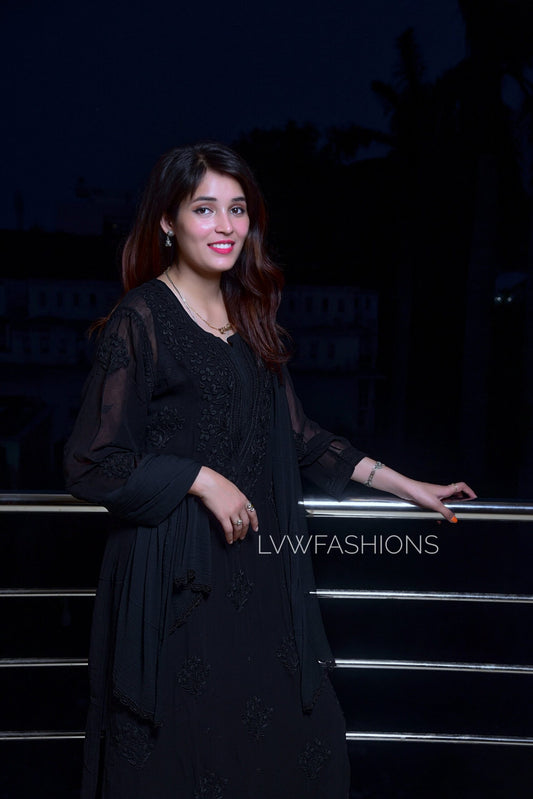 White and black U&K Chikankari kurta set in premium georgette, designed by LVW Fashion with intricate hand embroidery.