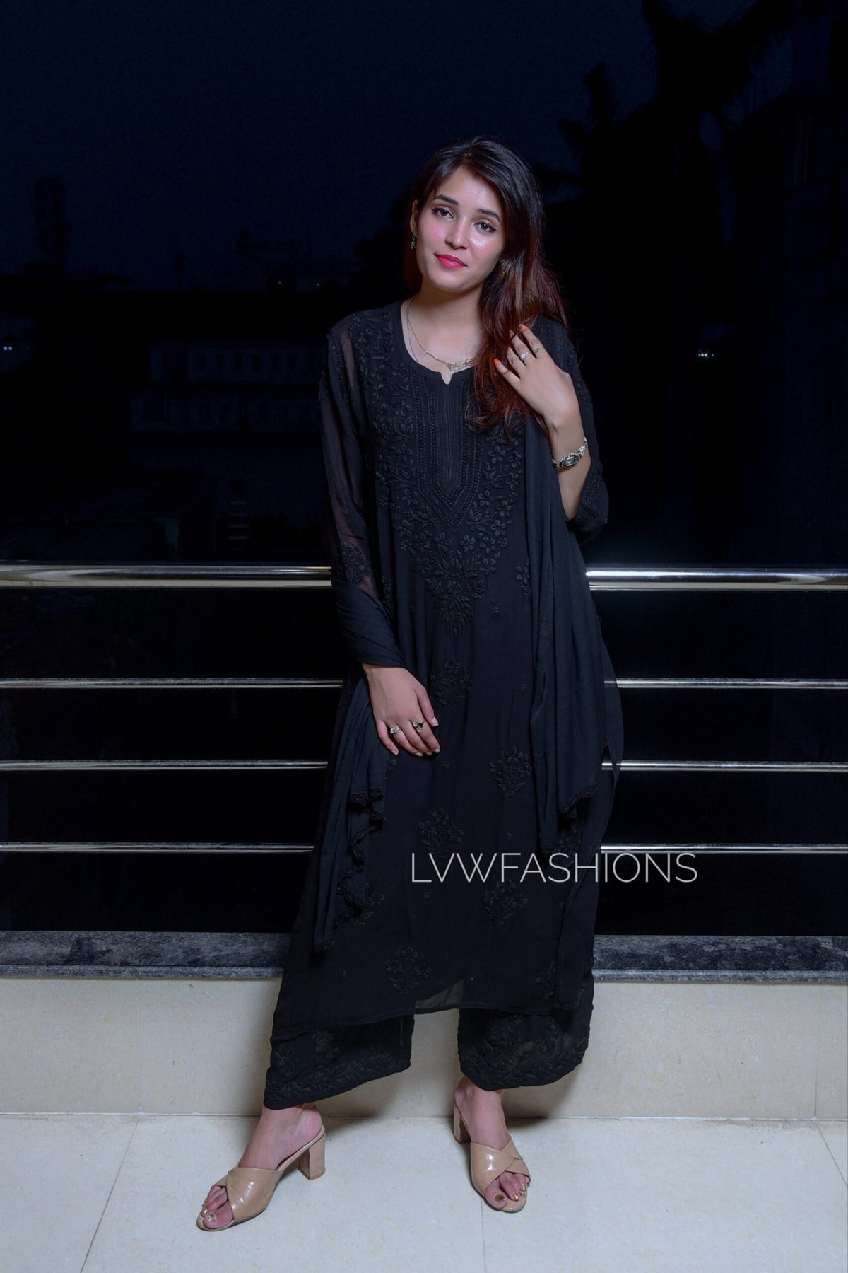 Luxurious white and black U&K Chikankari premium georgette kurta set by LVW Fashion, featuring intricate embroidery and elegant design
