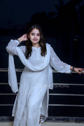 White and black U&K Chikankari premium georgette kurta set by LVW Fashion, featuring intricate embroidery and elegant design.