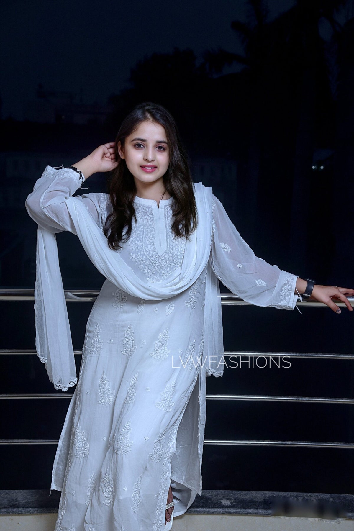 White and black U&K Chikankari premium georgette kurta set by LVW Fashion, featuring intricate embroidery and elegant design.