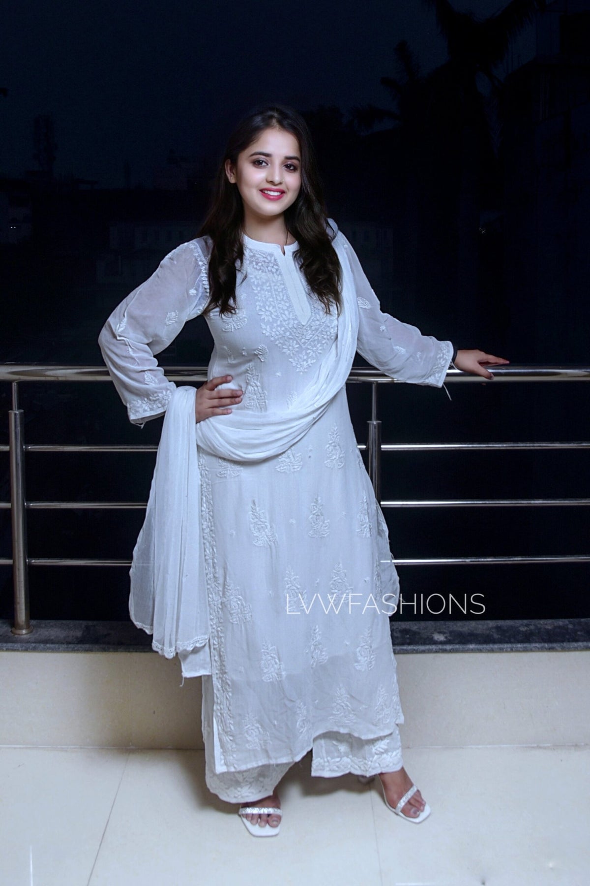 White and black U&K Chikankari Kurta Set in premium georgette with intricate embroidery, by LVW Fashion Luxurious Chikankari.