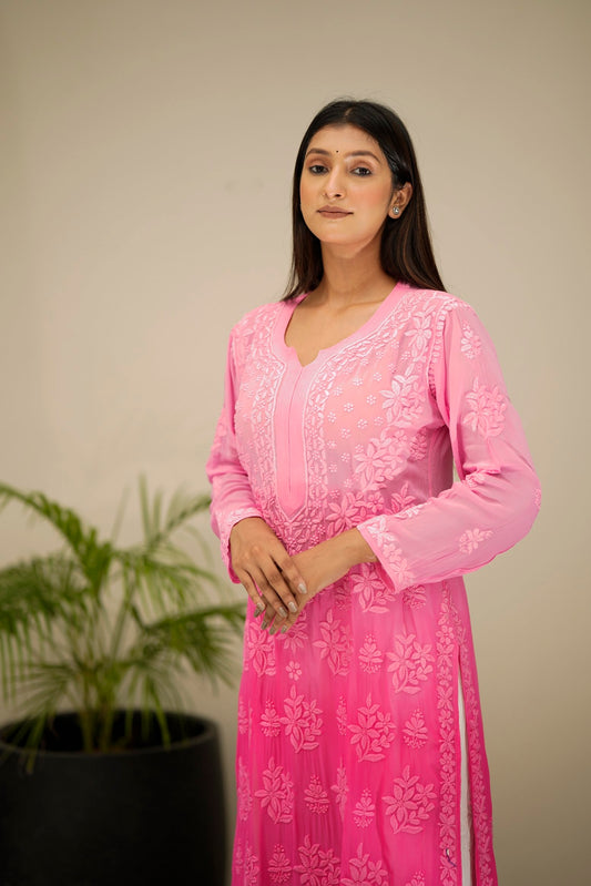 Luxurious wine-colored Georgette long kurta with intricate Chikankari embroidery by LVW Fashion, full set displayed.